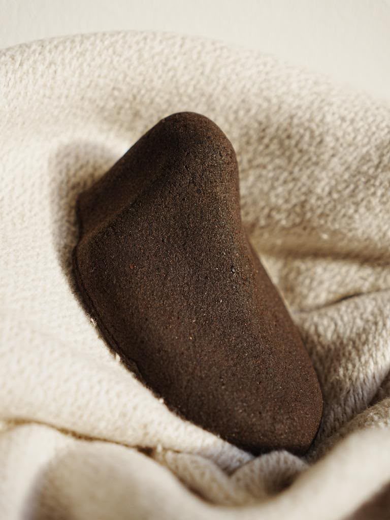 Coffee-ground shoe tree resting on linen